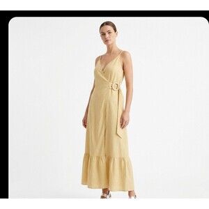 ASOS Pale Yellow True Wrap Maxi Dress Sz 4 Linen Blend Buckle Waist Flutter Hem